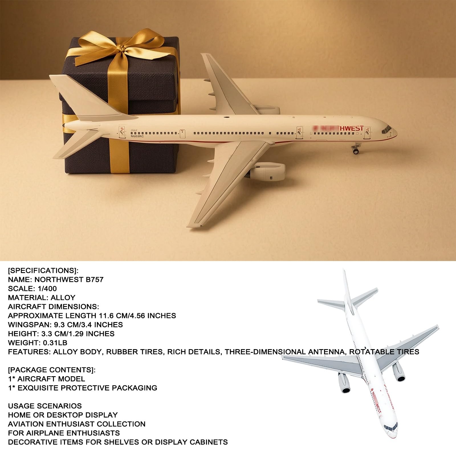 1:400 Scale US North west B757 Die-Cast Metal Airplane Model with Rubber Tires, Collector-Grade Miniature Replica – Gift for Adult Aviation Enthusiasts, Desk Shelf Display Decor
