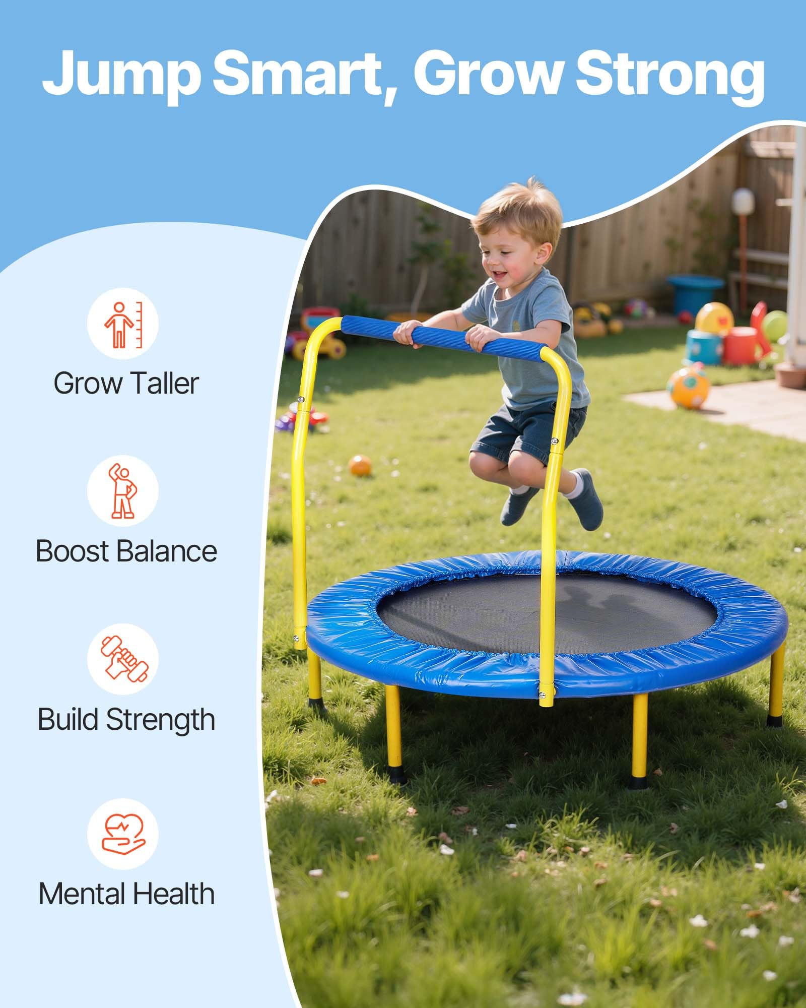 VEVOR Trampoline pour Enfants 92 cm Mini Trampoline Extérieur Intérieur Pliable pour Tout-Petits avec Poignée Mousse Trampoline Récréatif Exercices Cadeau d'anniversaire pour Enfants de 3 Ans et Plus