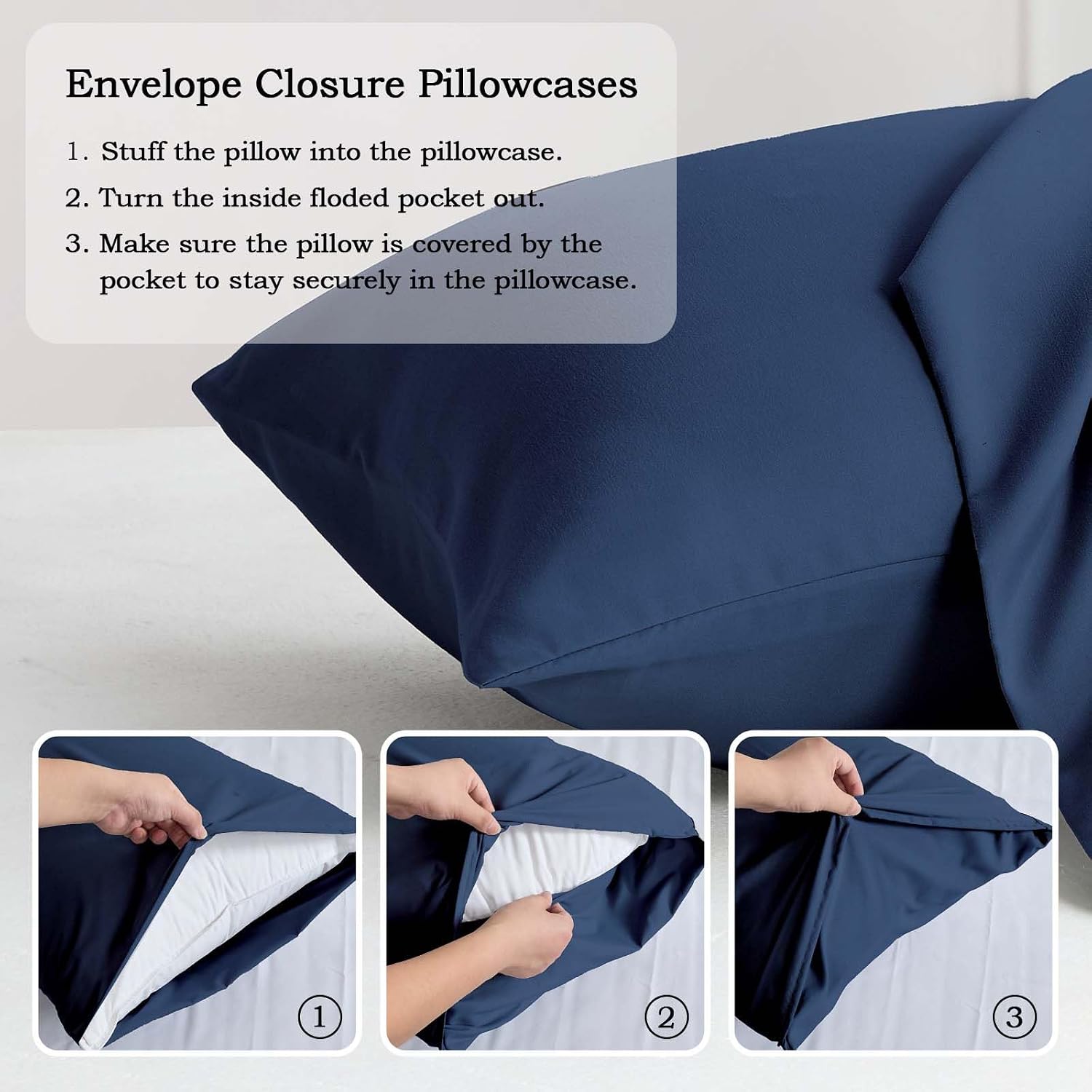Q&J Fabric Co. Bedding Pillow Cases Standard Size set of 2 –Soft Brushed Microfiber Pillow Cover, Wrinkle-Free, Fade-Resistant, Envelope Closure Pillowcases Valentine Mother's Gift (20x26'',Navy Blue)