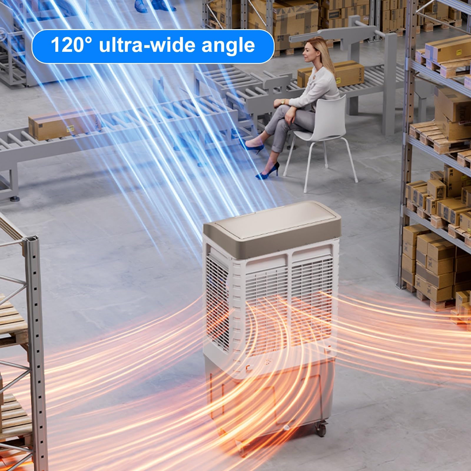 Enfriador evaporativo portátil con control remoto, oscilación de 120°, 3 velocidades, aire acondicionado de bajo ruido para uso en interiores y exteriores, taller o patio