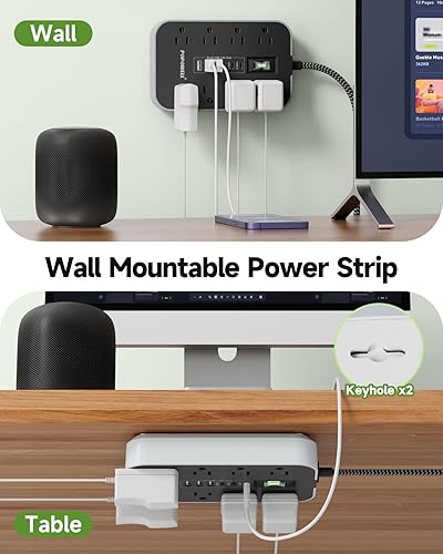 Miniatura 7 de Protector de sobretensiones de regleta de alimentación cable de extensión de enchufe plano de 5 pies, 8 salidas de CA y 6 puertos USB (3 USB C),