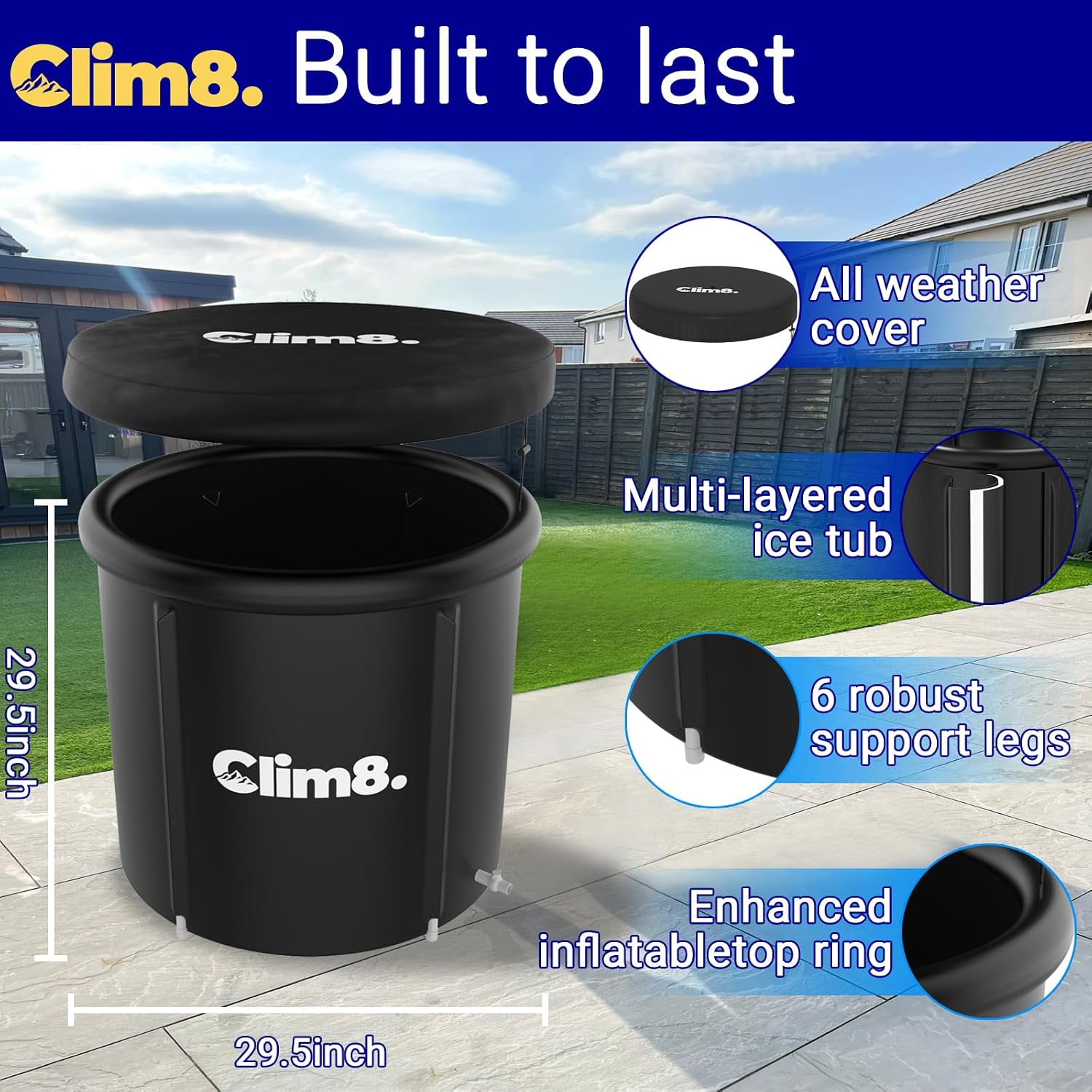 Diagram illustrating the dimensions and key features of the Clim8 Cold Plunge Tub, including its multi-layered insulation and robust support legs.