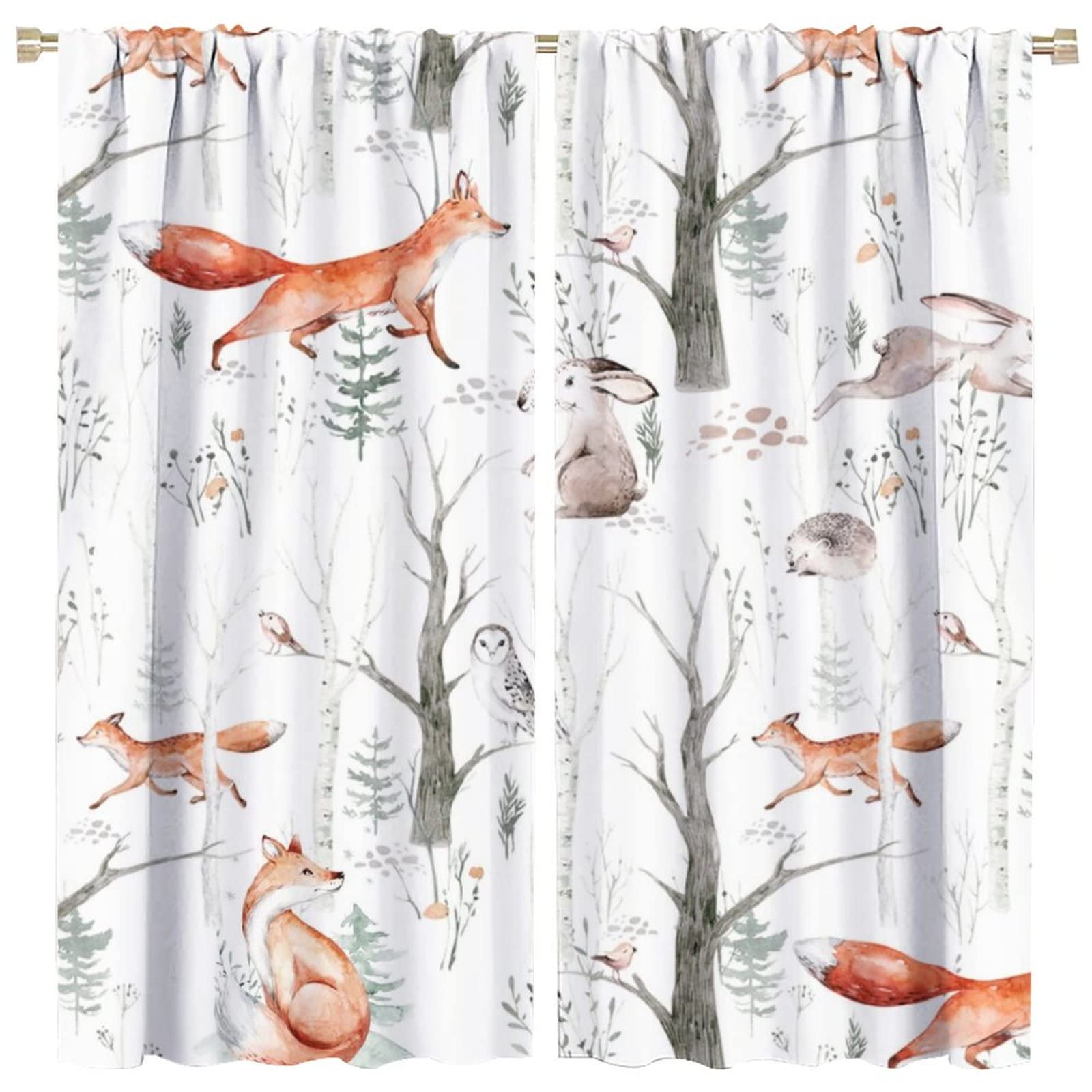 Cartoon Cute Fox Rod Pocket Blackout Curtains for Living Room,Thermal Insulated Watercolor Forest Woodland Lodge Cabin Wildlife Fox Pattern Bedroom Curtains,2 Panels 84L x 42W