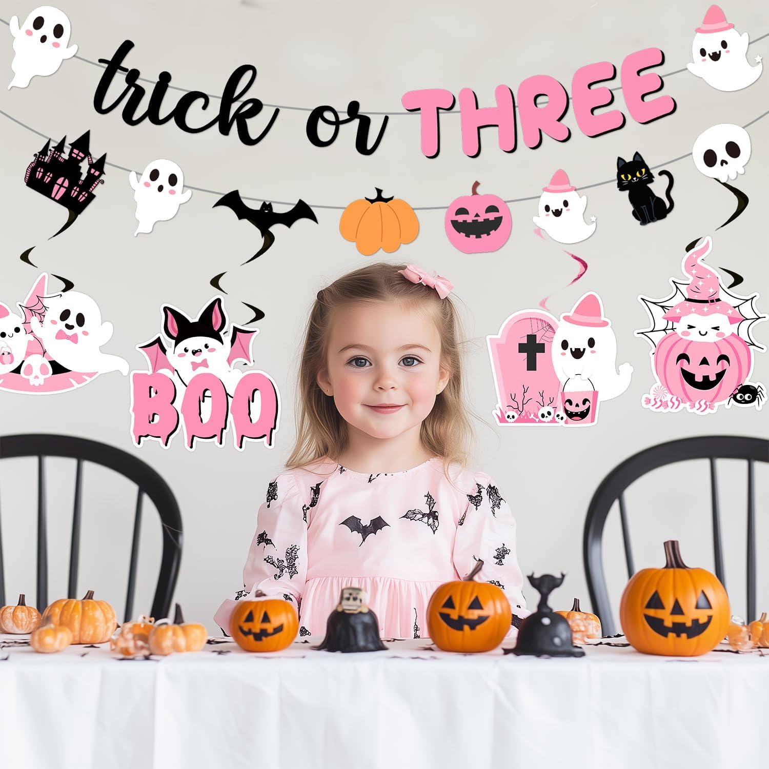Halloween 3rd Birthday Party Decorations Trick or Three Banner Garland Pink Boo Ghost Pumpkin Bats Spider Hanging Swirls for Girls Happy Booday 3rd Birthday Party Supplies