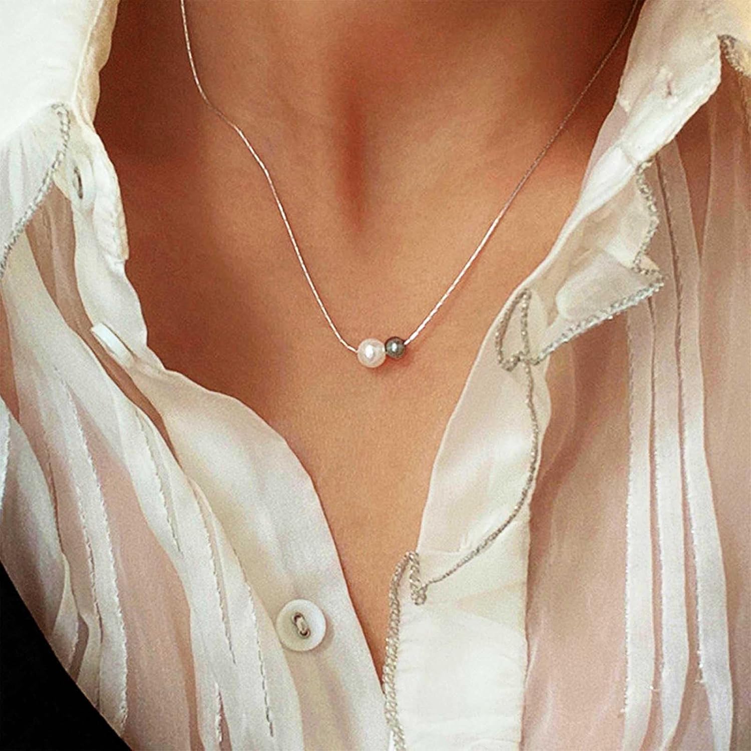 Vintage Pearl Pendant Necklace Boho Pearl Chain Necklace Silver Thin Chain Necklace Floating Pearl Choker Necklace Ball Collar Necklace Jewelry for Women - Image 2