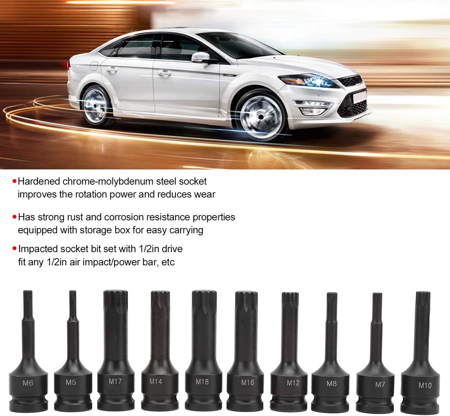 10Pcs Square Socket Set 1 2 in Drive Screwdriver Bit CR MO Impact M5 M18 Tool 78mm Length W Storage Box