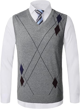 Mens Sleeveless Argyle Sweater Vest V-Neck Jumper Classic Business Gentleman Knitted Gilet Autumn Winter Knitwear Waistcoat Casual Golf Tank Tops, A-grey, XS
