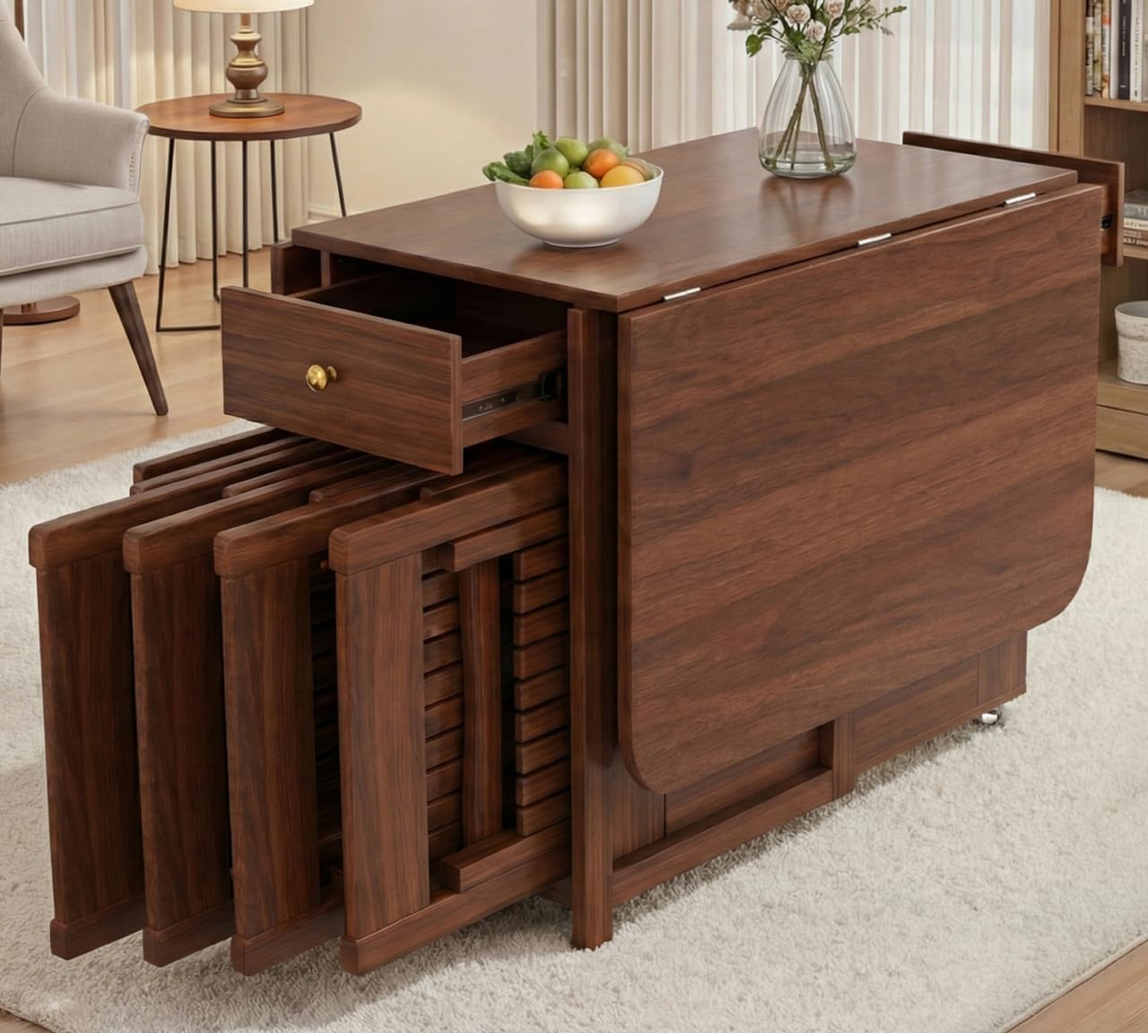 Drop Leaf Folding Dining Table and 4 Chairs, 5-Piece 51" Fully Assembled Solid Wood Space-Saving Kitchen Table with Storage and Lockable Wheels Set for 4 (Walnut)