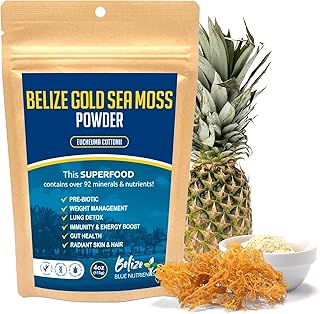Belize Blue Nutrients – Gold Sea Moss Powder – 100% Pure Sustainably Harvested Eucheuma Cottonii from Belize – Mineral-Rich Superfood for Energy, Gut & Immune Support - 4 Oz