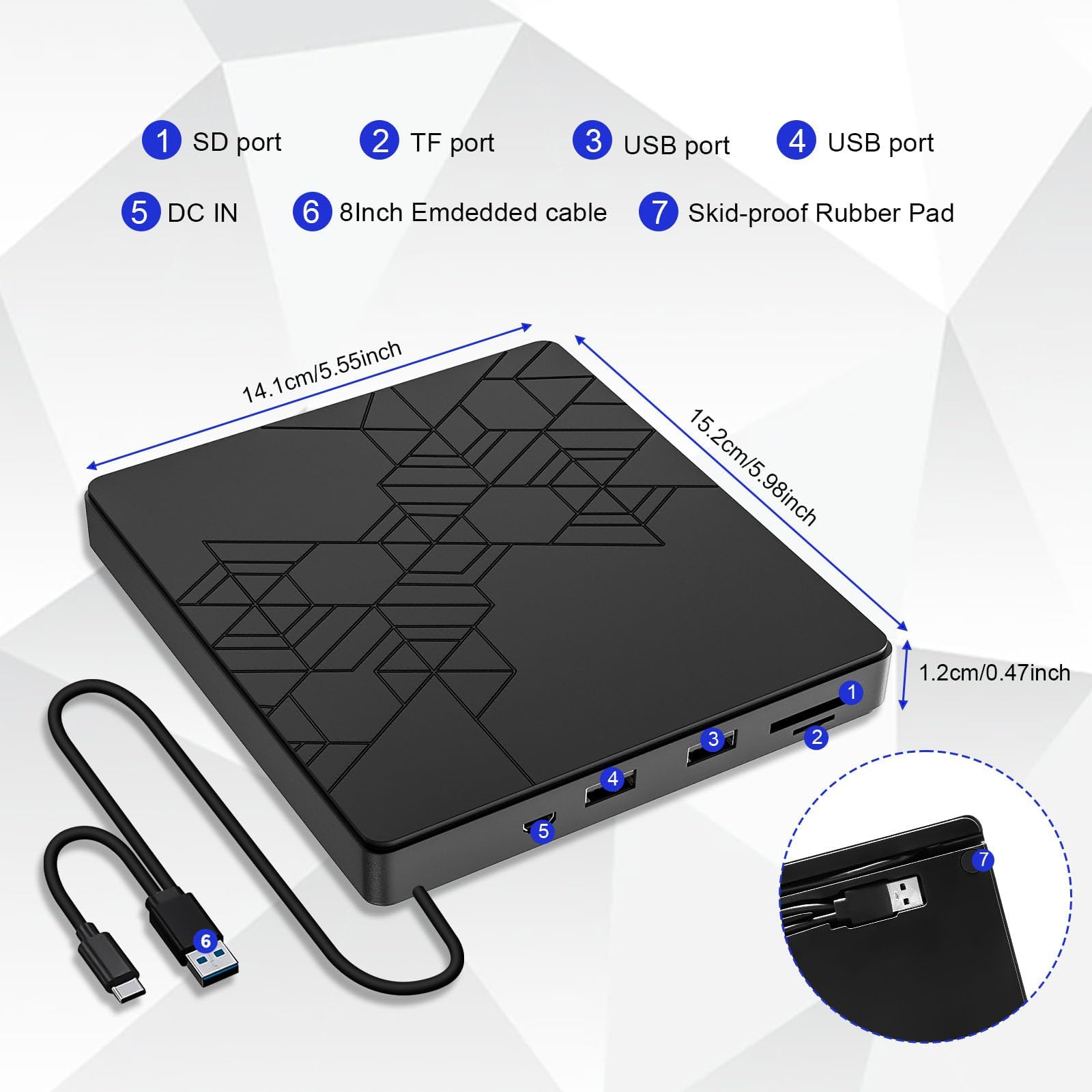 RUIZHI BLU-Ray - Unidad Externa de CD DVD para Ordenador portátil Windows 11/10/7, MacBook, Color Negro