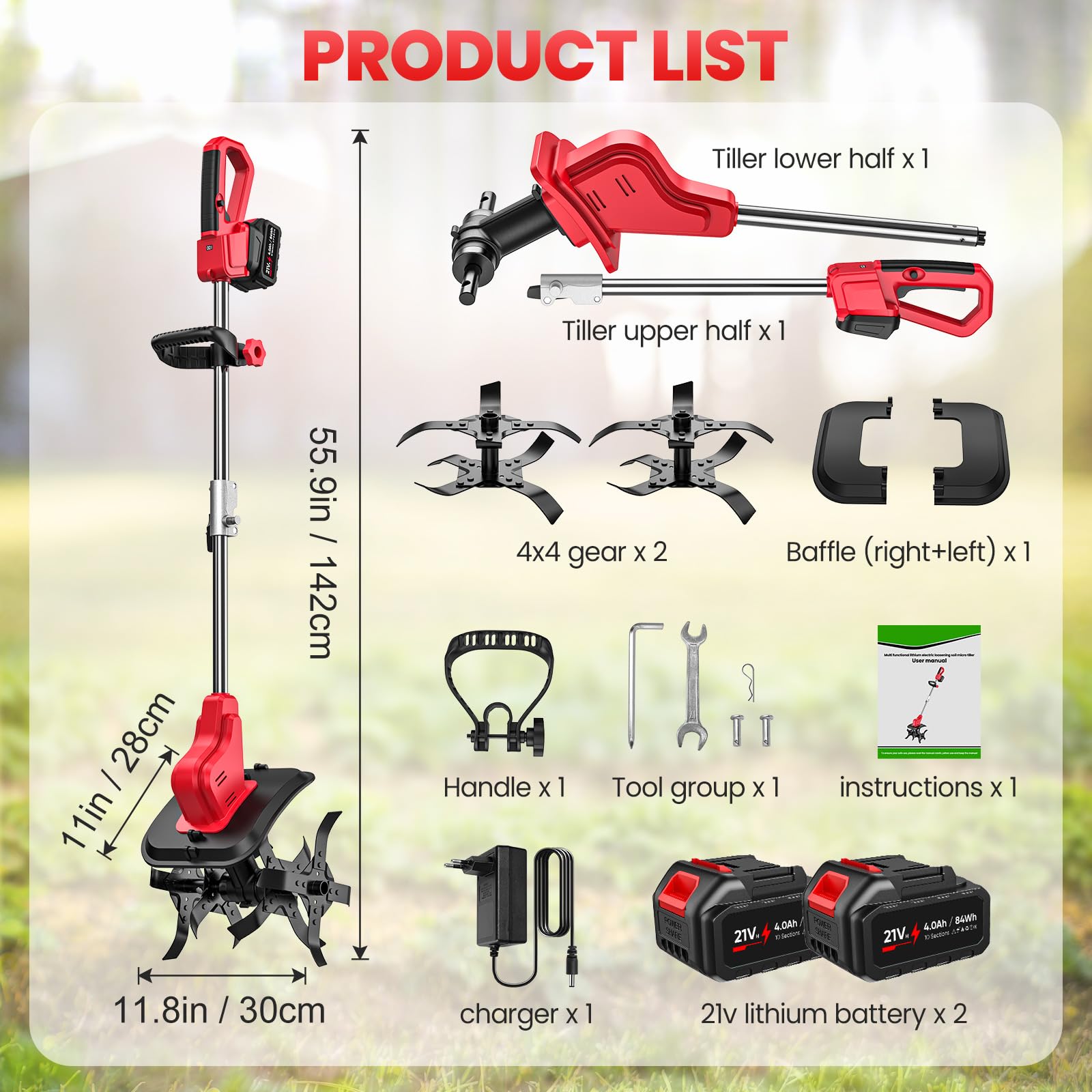Motoazada Bateria, Motoazada Electrica con 2 Baterías 4.0Ah, 21V 550W con Pantalla LED, 6000 RPM y 4 Cuchillas, 30 cm de Ancho y 22 cm de Profundidad, Arado de Jardín Ideal para Huerto, Césped