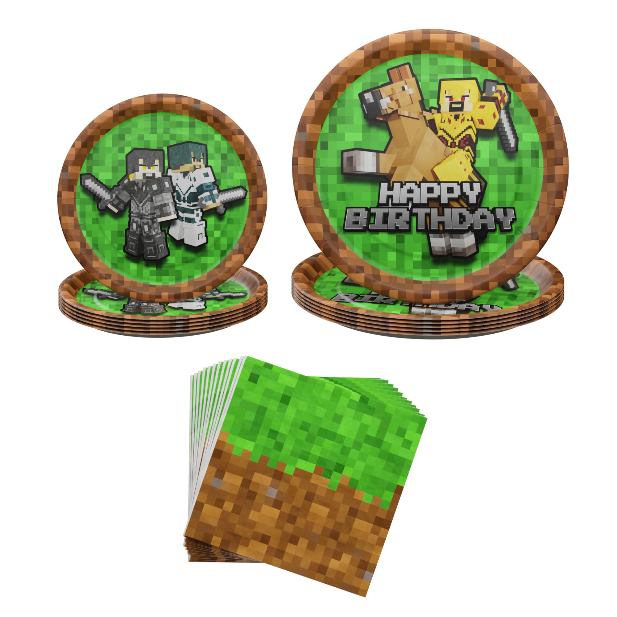 Blue Orchards Pixel Warrior Plates and Napkins (60 pieces for 20 Guests) - Video Game Party Supplies, Mining Craft Party, Pixel Miner Decorations