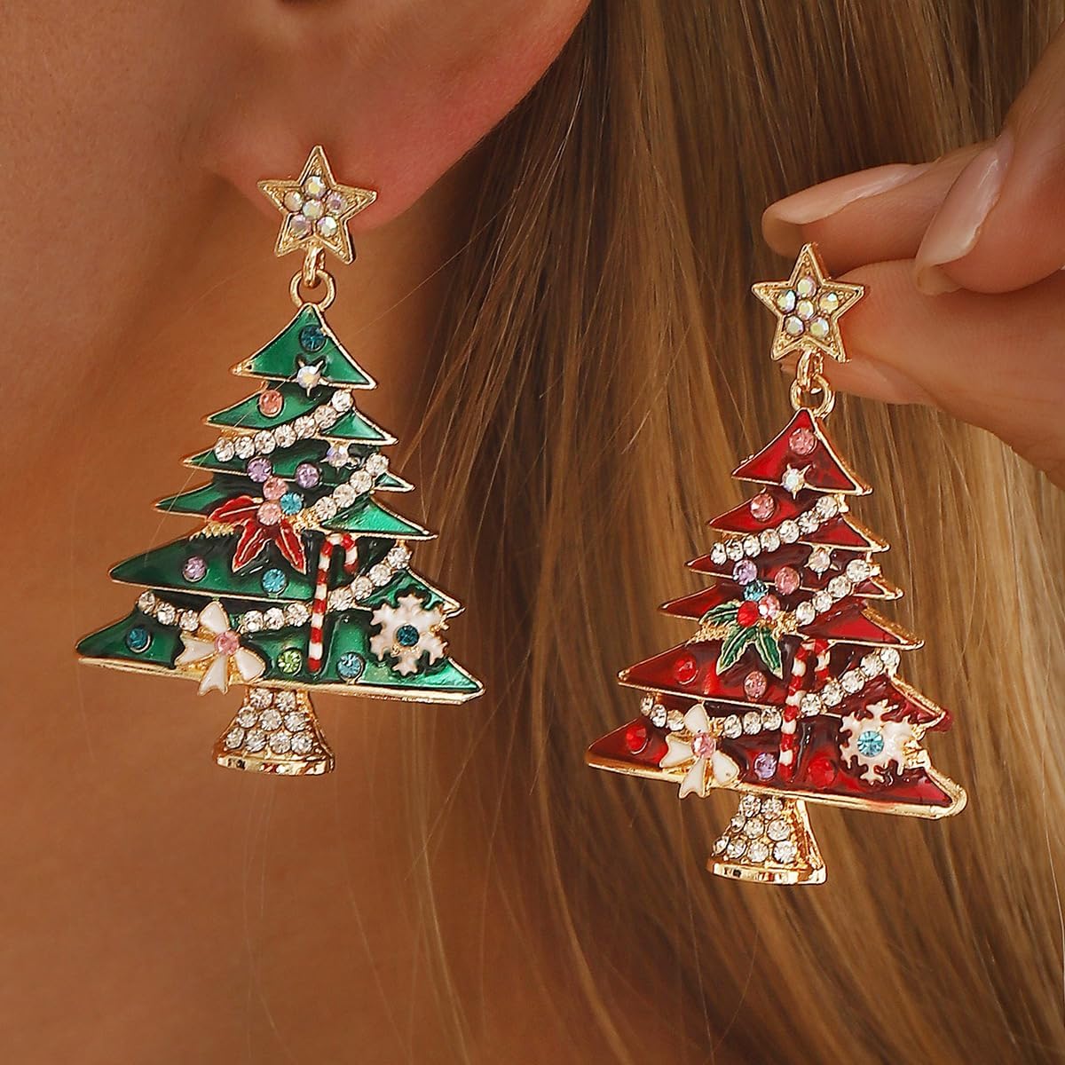 Christmas Tree Earrings Star Bowknot Xmas Tree Dangle Drop Earrings Sparkly Rhinestone Earring Holiday Party Jewelry Accessories for Women - Image 5