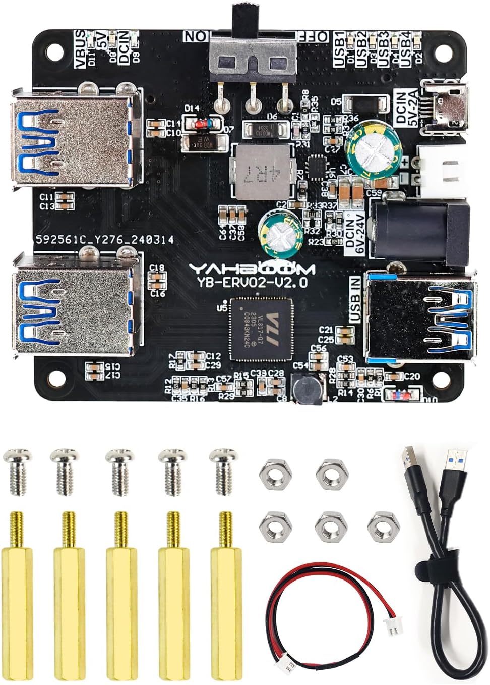 Yahboom 4 Port USB 3.0 Hub for Raspberry Pi Jetson Nano ROS Robot, Compatible with USB 3.0/2.0/1.1 Driver-Free Plug&Play, Onboard External USB-A，5V (Micro-USB)，9~24V Power Port, for High-Power Device