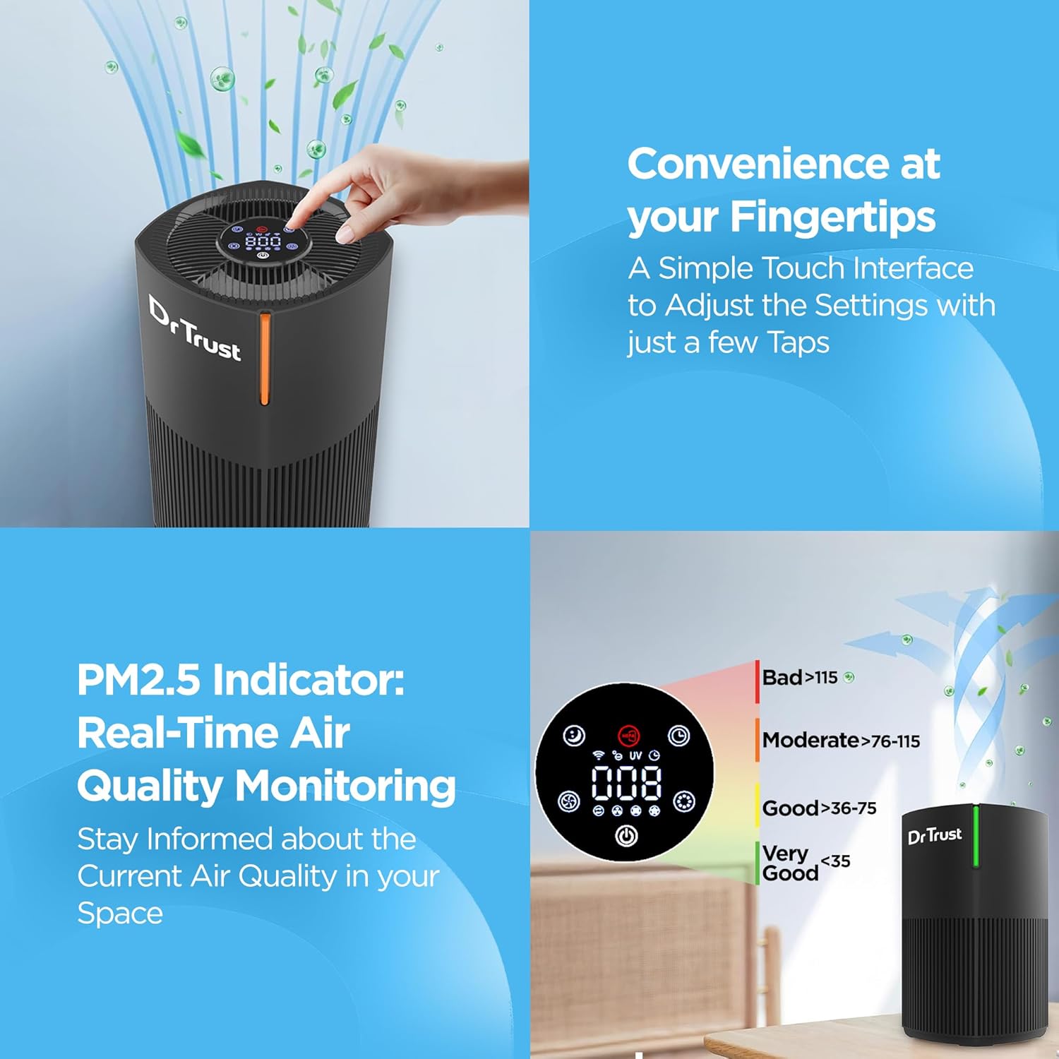 Жогорку view of Dr Trust USA Zurich 908 Air Purifier control panel with digital display and touch buttons.