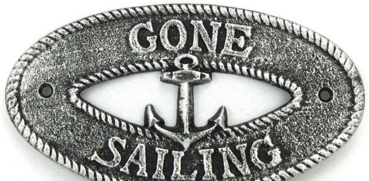 Hampton Nautical K-9304-silver Antique Silver Cast Iron Gone Sailing with Anchor Sign 8" - Decorative Metal Wall Art - Cast Iron Nautical