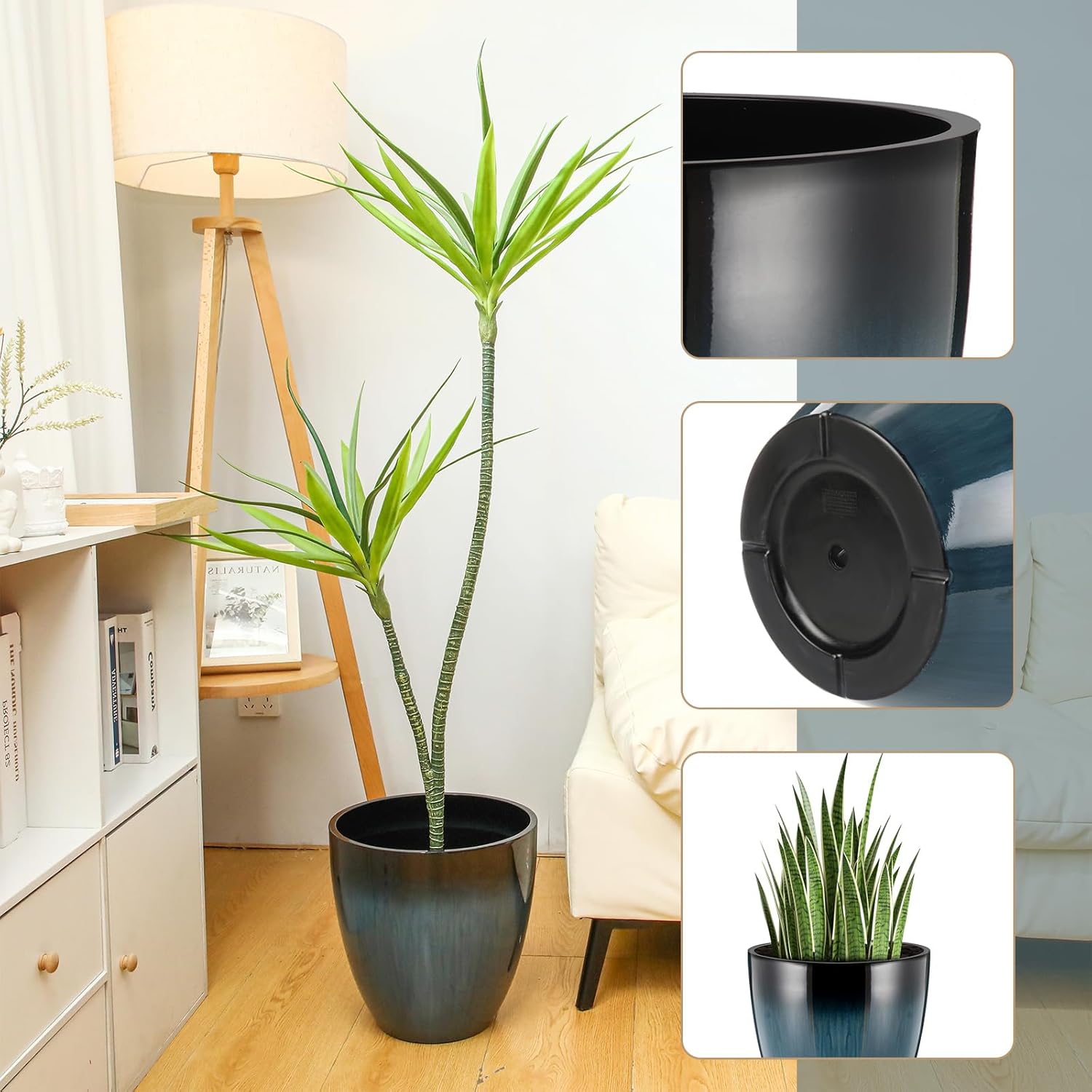 2 Pack 12 Inch Tall Planters for Outdoor Indoor Plants, Blue Round Resin Plant Flower Pots with Drainage Hole for Front Porch Patio Garden Deck Living Room Decor