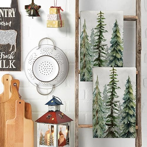 Miniatura 4 de Easternproject Juego de 2 toallas de mano con árbol de Navidad verde y blanco, absorbentes en acuarela de pinos, toallas decorativas suaves para