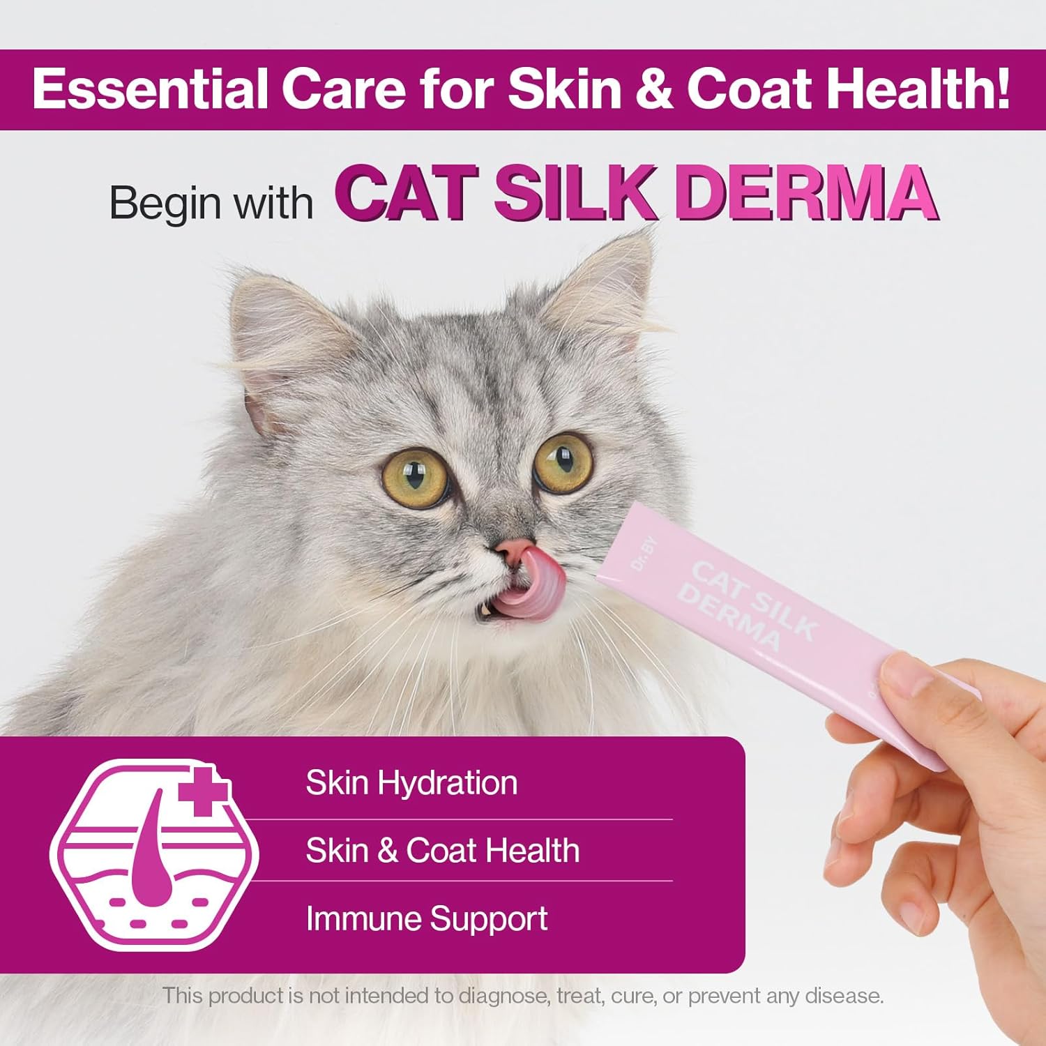 Doctor By Cat Silk Derma Skin and Coat Supplement for Cats Itch Skin Relief, Dandruff Treatment Scab, Overgrooming, Allergy Relief for Cats 30 lickable Formula Individually Packaged, Chicken(1 Pack)