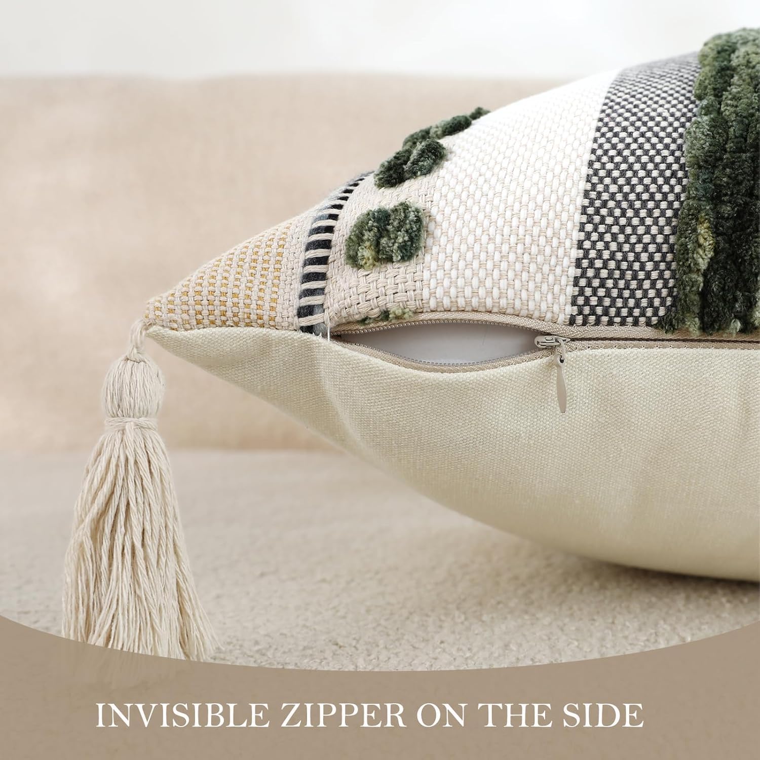 Boho Long Lumbar Pillow Covers 14x36 inch Farmhouse Decorative Cushion Case Geometric Pillows Cover Chenille Pillow Cases with Tassels Pillowcase for Sofa Couch Bed, Dark Green and Beige