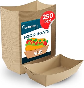SPARGOS 3lb 250 Count Paper Food Trays Professional Grade Brown Food Boats for Food Trucks & Takeout Grease Resistant Disposable Food Tray Large Capacity Paper Hotdog Boats & Fry Holder