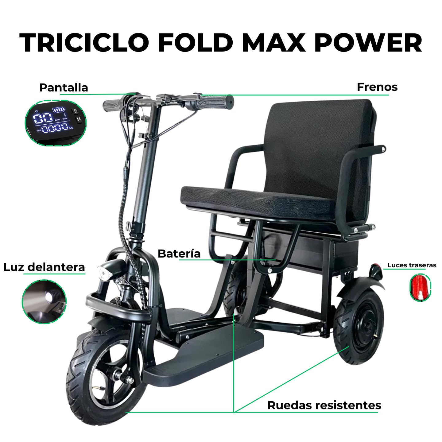 Silla de Ruedas Eléctrica - Scooter Eléctrico Adulto Plegable Auton 45Km Doble Motor 350W Todo Terreno - Minusválidos Ligero - Movilidad Reducida - Triciclo Eléctrico Plegable Ergonómico | CAREWAY