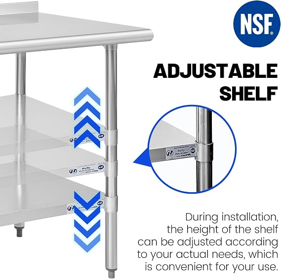 Hally Stainless Steel Table for Prep & Work 14 x 36 Inches, NSF Commercial Heavy Duty Table with Undershelf and Backsplash for Restaurant, Home and Hotel