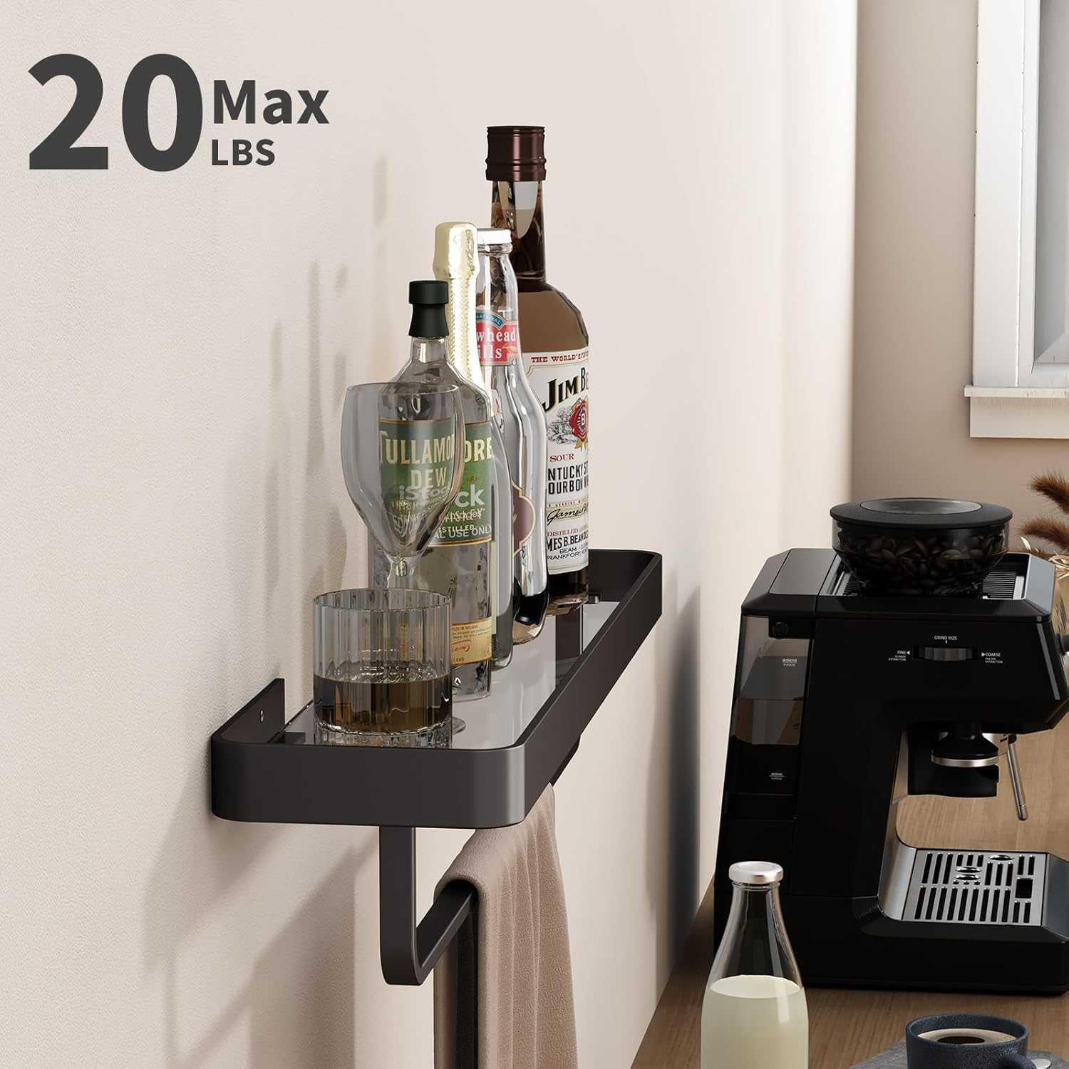 Danpoo 20 Inch Long Floating Bathroom Shelf with Towel Bar, Clear Tempered Glass Wall Shelf for Bathroom Storage Organizer, Matte Black
