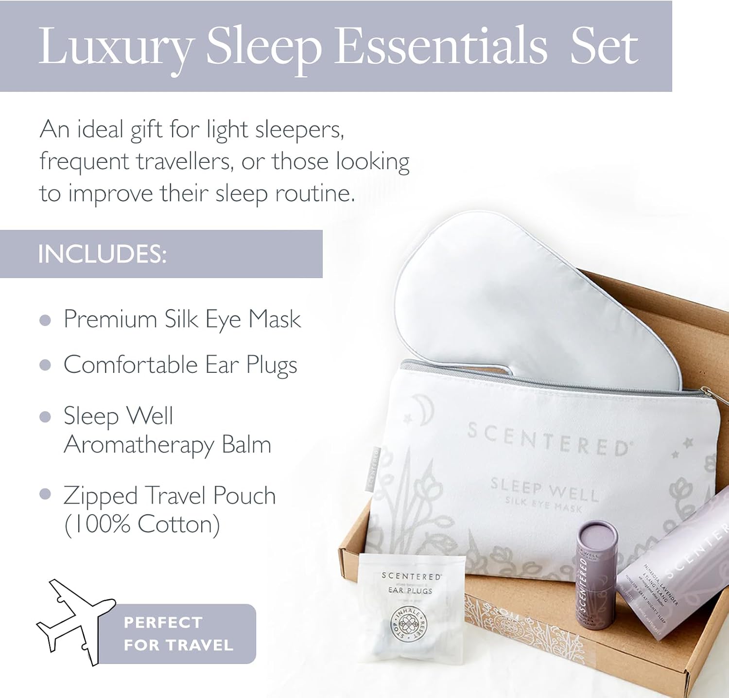 Scentered Sleep Essentials Travel Sleep Gift Set - Aromatherapy Sleep Well Balm, Luxury Silk Eye Mask & Ear Plugs for Sleeping - Lavender Essential Oil Blend - Self-Care Gifts for Women