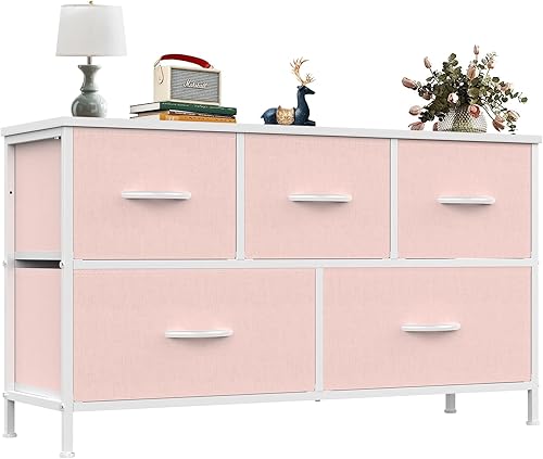 Miniatura 25 de OLIXIS Cómoda de 5 cajones para dormitorio, torre de almacenamiento de tela para sala de estar, entrada, marco de acero resistente, parte superior