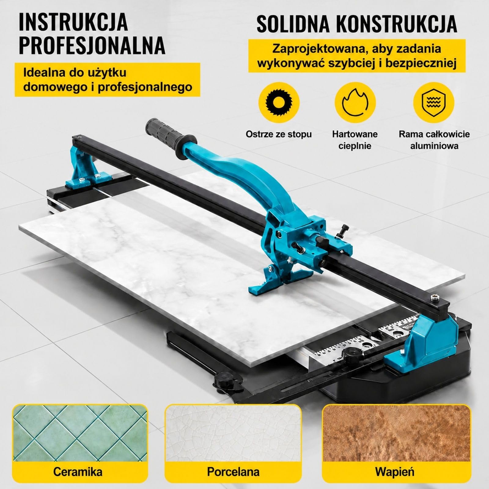 Ręczna przecinarka do płytek z aluminium, dwutorową szyną prowadzącą, pozycjonowaniem laserowym, antypoślizgowym uchwytem i regulowaną skalą do płytek ceramicznych i podłogowych
