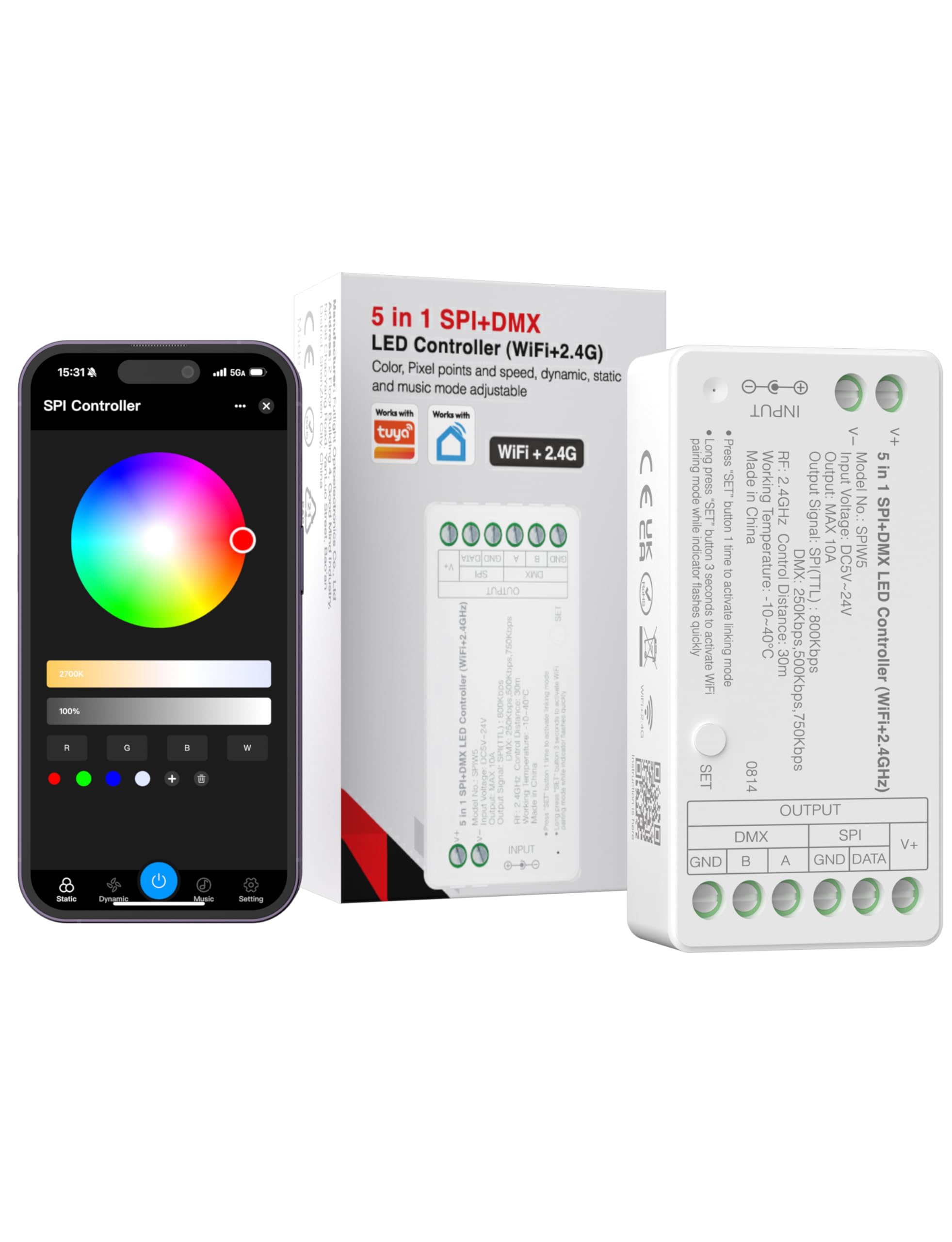 PAUTIX WiFi SPI+DMX SPIW5 Tuya SPI LED Controller Compatible with Alexa/Google Home,for Single Color/CCT/RGB/RGBW/RGBCCT SPI LED Strip Lights,Work with WS2811 SK6813 IC Addressable LED Strip