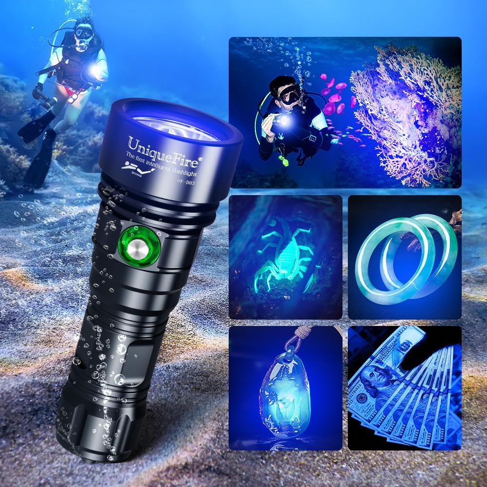 UniqueFire D03 Scuba Dive 365nm UV Black Light 3LEDs High Power Super Bright Underwater Diving UV Flashlight Rechargeable with 3 Modes Night Dive Torch 100 Meters Submersible Light
