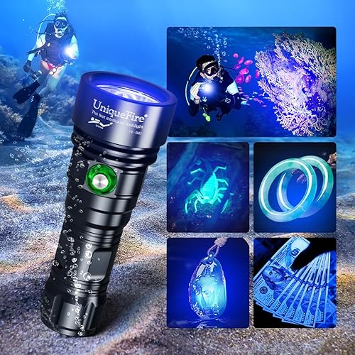 Miniatura 10 de UniqueFire D03 buceo luz recargable IPX8 impermeable, 1500 lúmenes Super brillante submarino buceo linterna 4 modos noche buceo antorcha 328.1 ft
