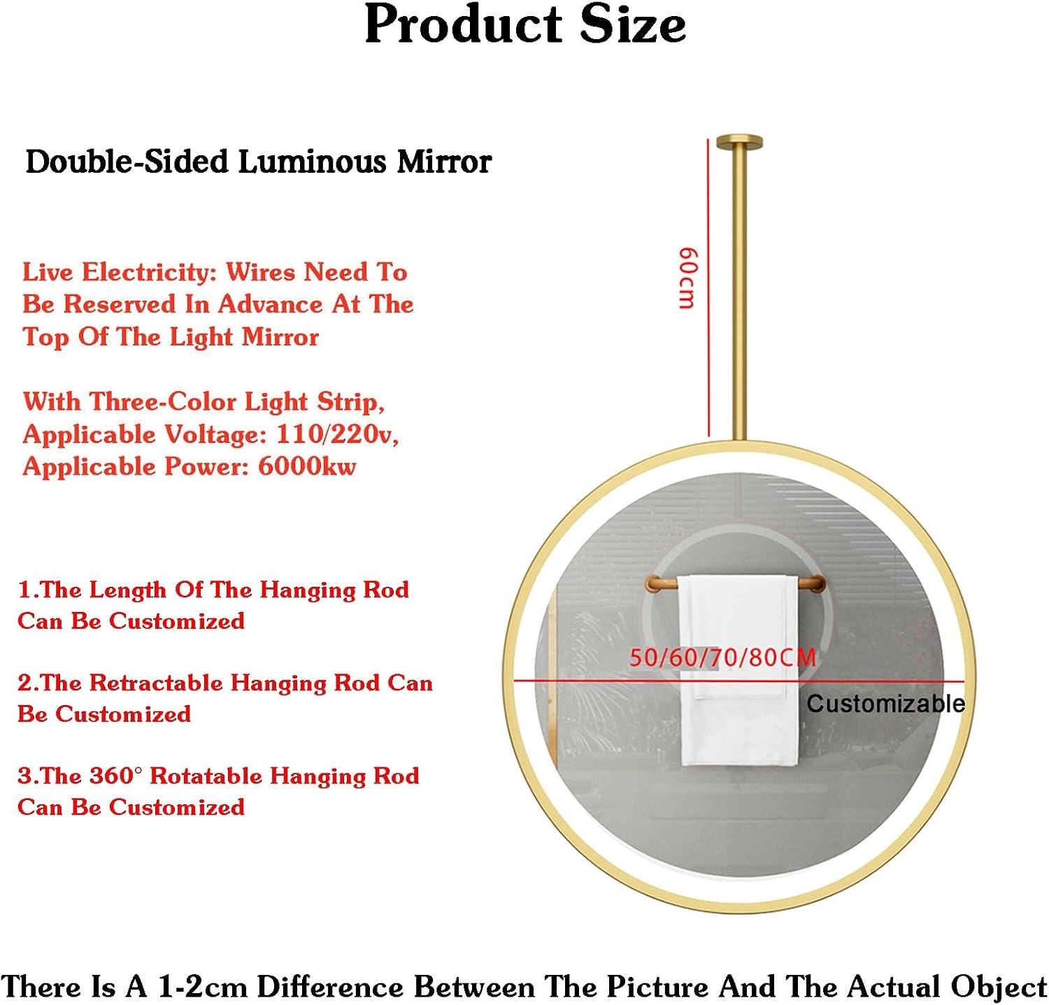 天井取り付け型ラウンドウォールミラー、両面装飾ミラー、カスタマイズ可能な発光化粧鏡、寝室やホテルの玄関用(Gold,50cm)