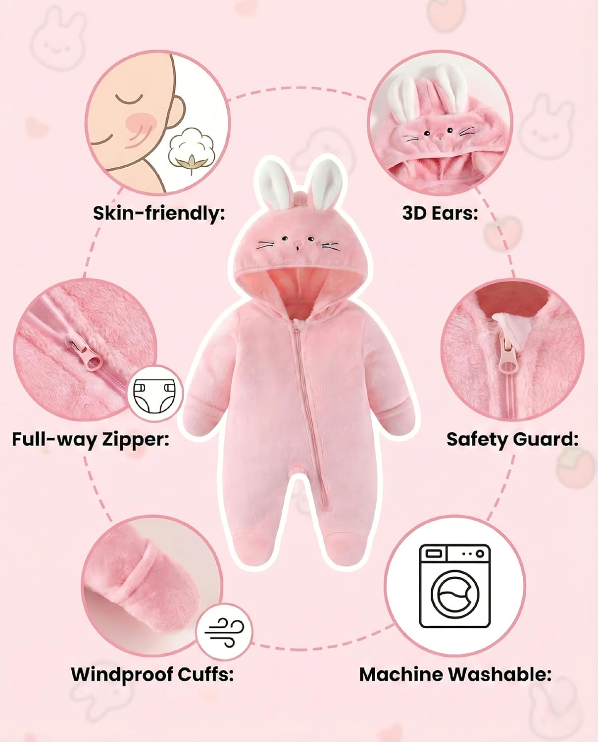 JiAmy Baby Fleece Snowsuit Cute Bear Romper Newborn Winter Jumpsuit Hooded Warm Coat with Fold-over Mittens Footies - Image 3