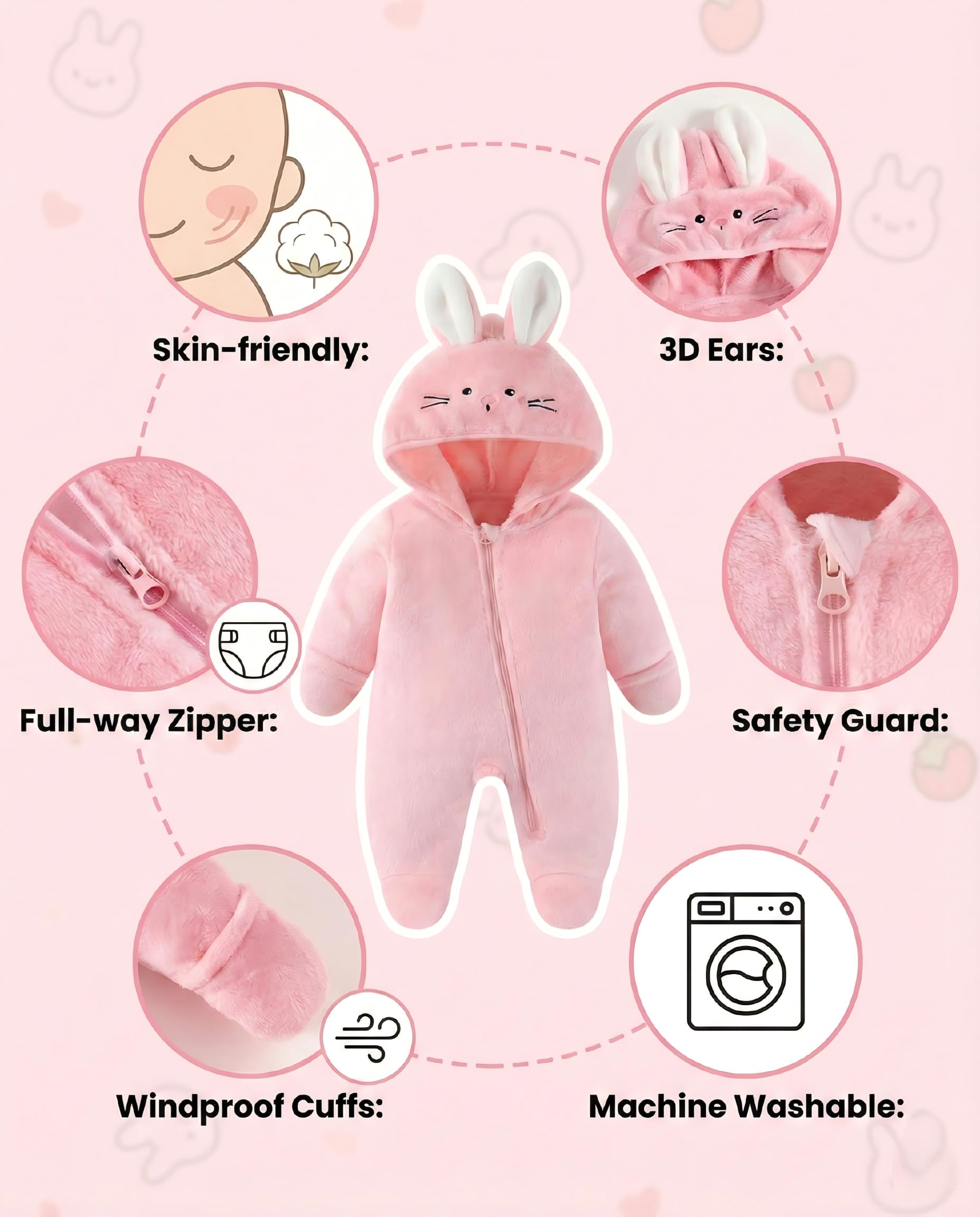 JiAmy Grenouillère d'hiver à capuche pour bébé fille garçon en polaire avec fermeture éclair