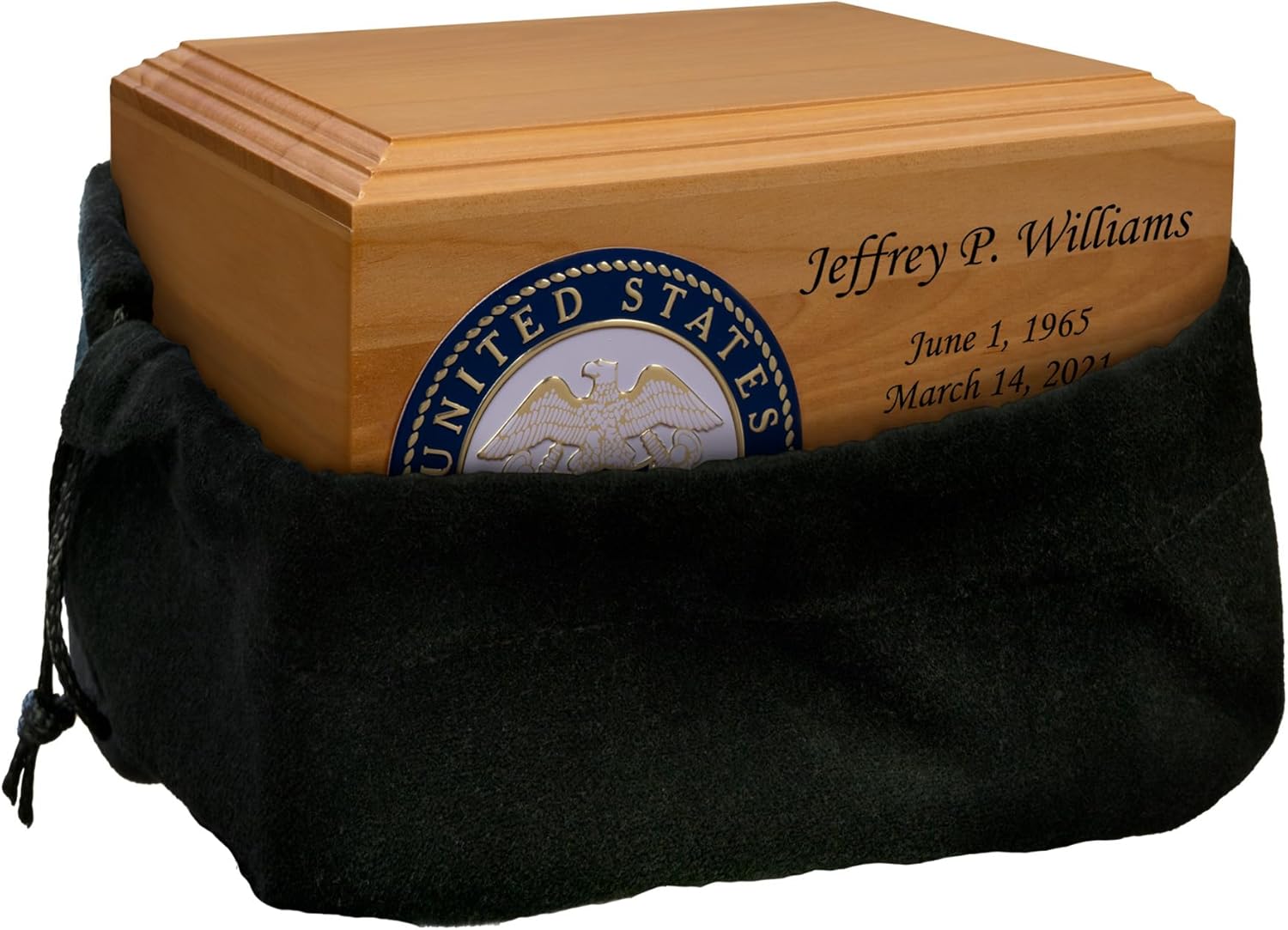 Mainely Urns Navy Emblem Diplomat Solid Hardwood Cremation Urn - Solid Wood Urn for Ashes - 210 Cubic Inch Capacity