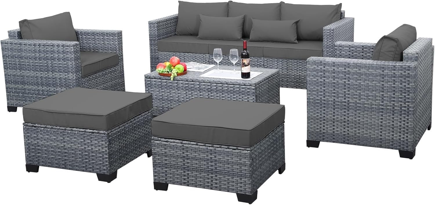 6 Pieces Outdoor Conversation Set Rattan Sectional Sofa Couch Wicker Patio Furniture Sets with Storage Table and Comfortable Cushions