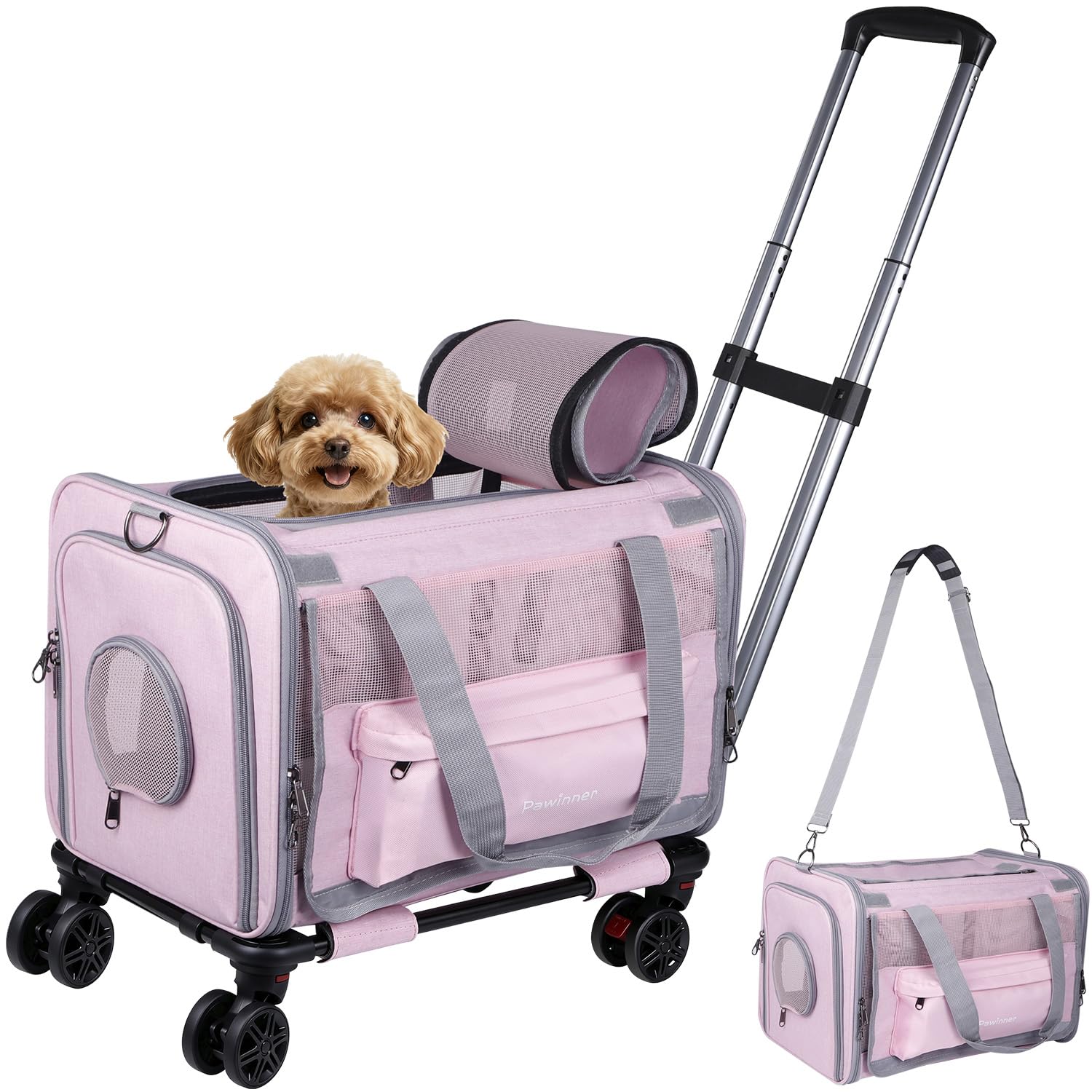 Nueva Bolsa Transporte Transpirable para Mascotas 45x33x33 cm, Pawinner Transportín para Mascotas con Ruedas Desmontables y Correa Ajustable, para Mascotas Pequeñas y Medianas de hasta 9 kg (Rosa)