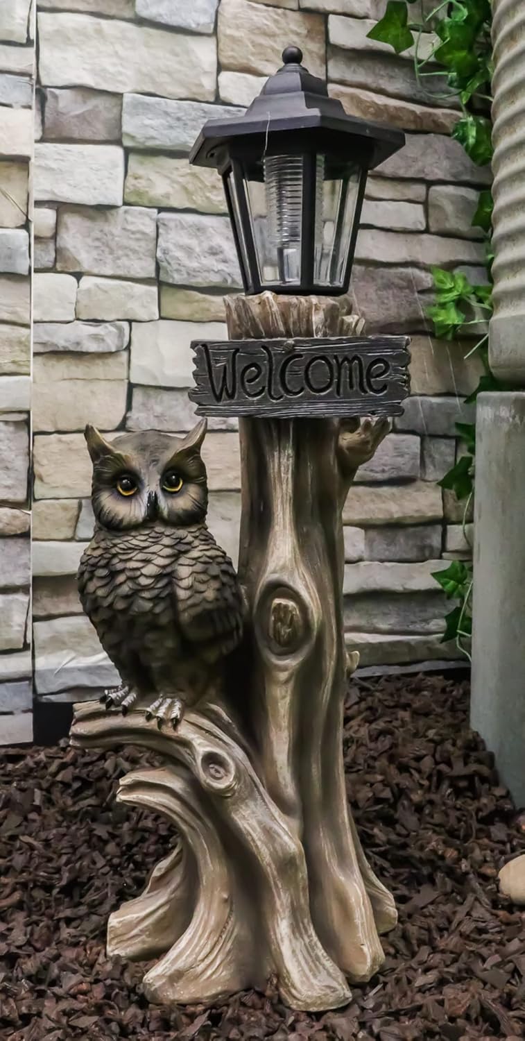 Ebros Haunted Forest Outpost Guardian Owl Welcome Sign Statue with Solar Powered Lantern LED Light Patio Decor Figurine 20" Tall