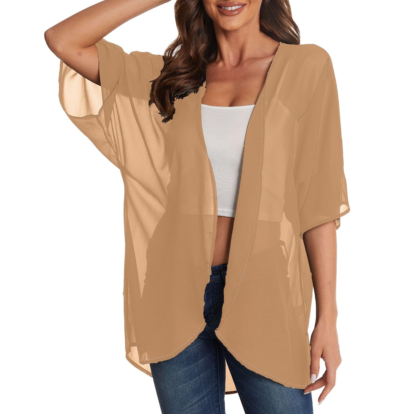 ZYXTIM Womens Floral Print Sheer Chiffon Kimono Cardigan Short Sleeve Casual Loose Cover Up 2024 Beachwear Swimwear Plus
