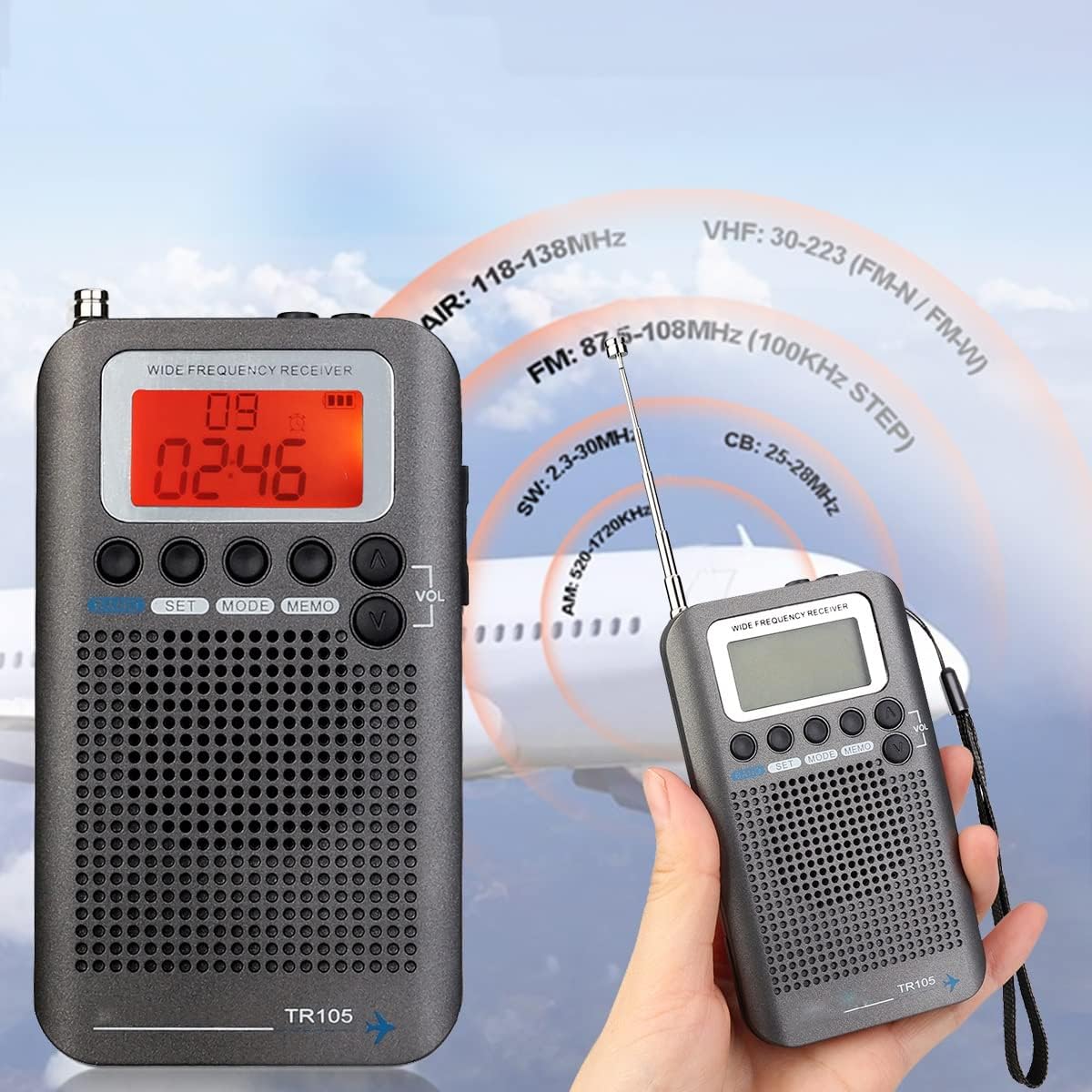 TR105 Portable Radio Aircraft Full Band FM/AM/SW/CB/Air/VHF Receiver World with LCD Display Alarm Clock