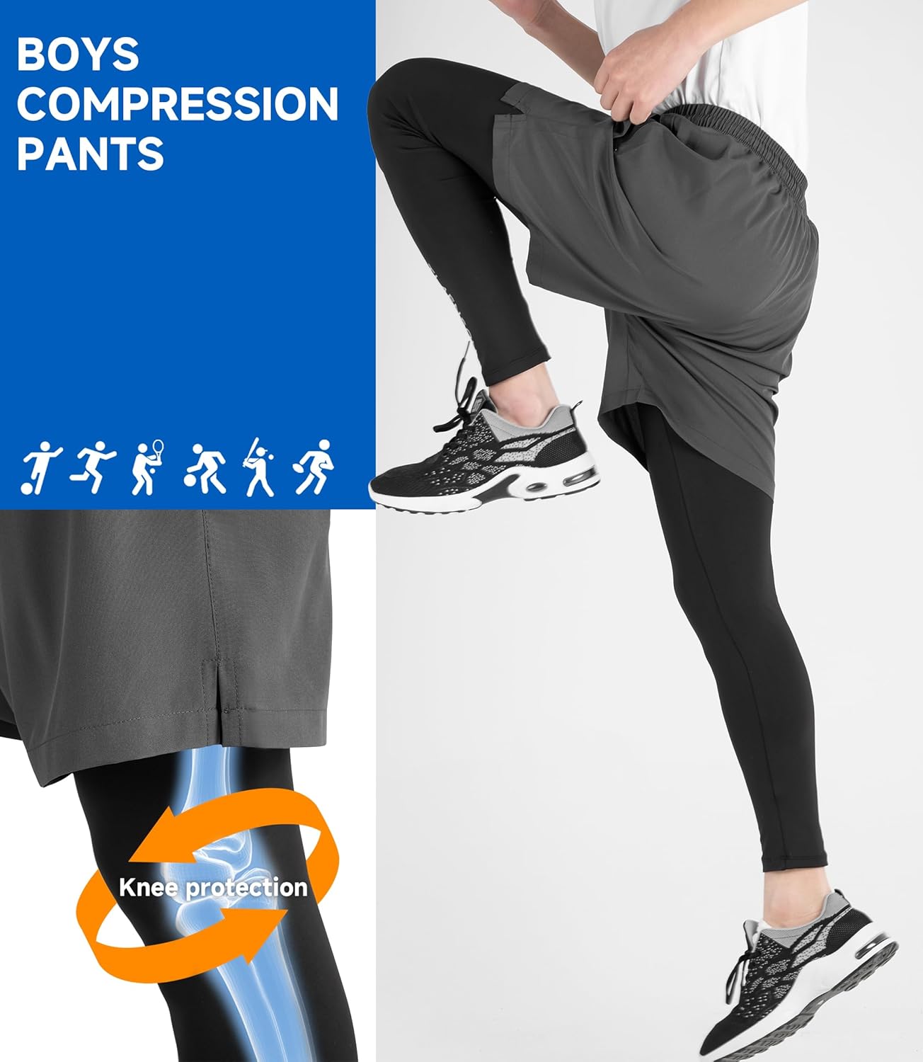 TLAENSON Boys Compression Pants Kids 2 in 1 Football Sports Leggings with Shorts with Zipper Pockets - Image 3