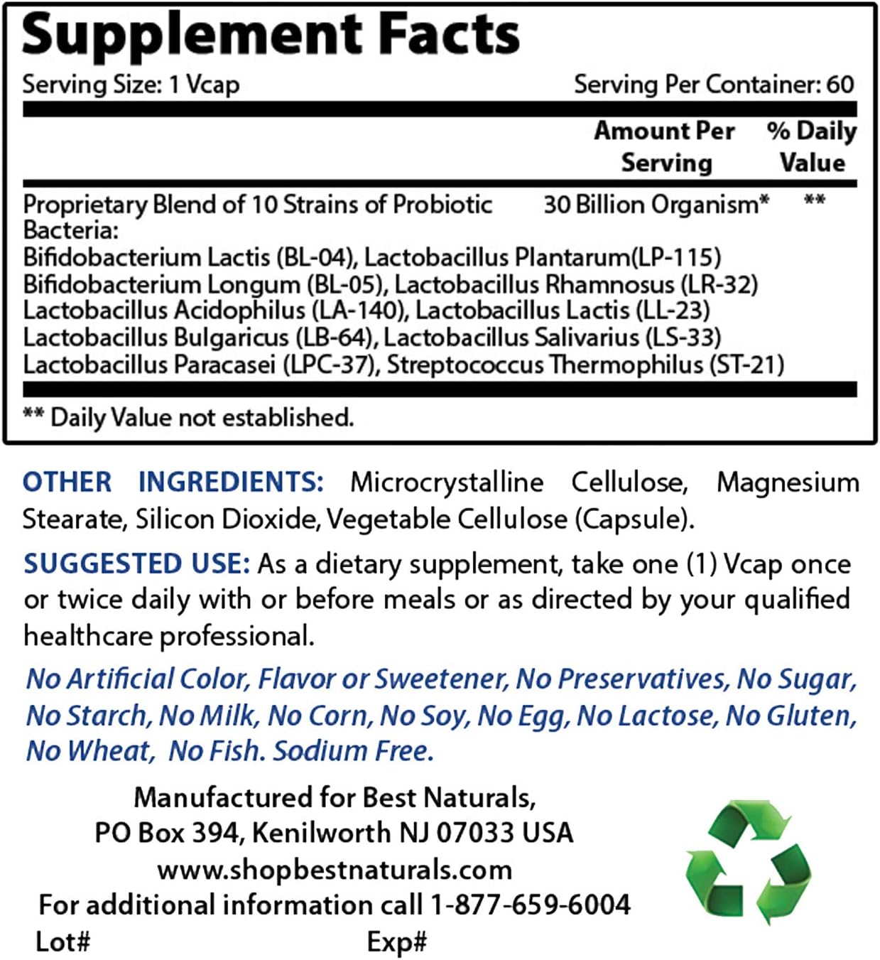 Best Naturals Probiotic 10 Strains & 30 Billion CFU Intestinal Flora, 60 Veggie Capsules (60 Count (Pack of 1))