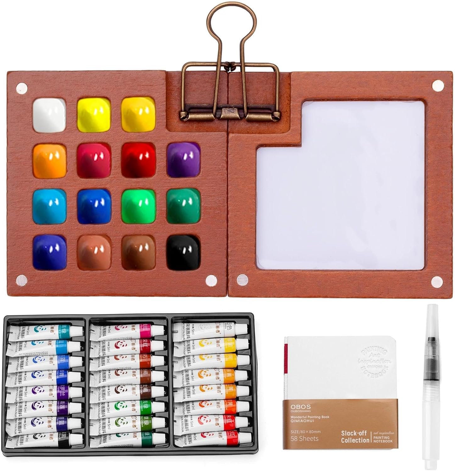Mini Watercolor Paint Set, Tiny Mini Paint Palette Travel Kit, Portable Pocket Artist Water Color Travel Set with 24 Colours, Sketchbook, Watercolor Pen, 15 Grid Paint Box For Painters and Artists