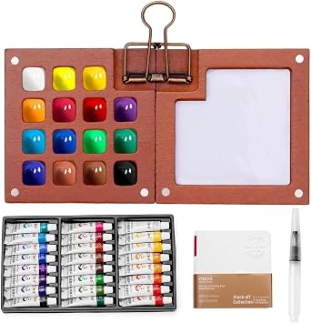 Mini Watercolor Paint Set, Tiny Mini Paint Palette Travel Kit, Portable Pocket Artist Water Color Travel Set with 24 Colours, Sketchbook, Watercolor Pen, 15 Grid Paint Box For Painters and Artists