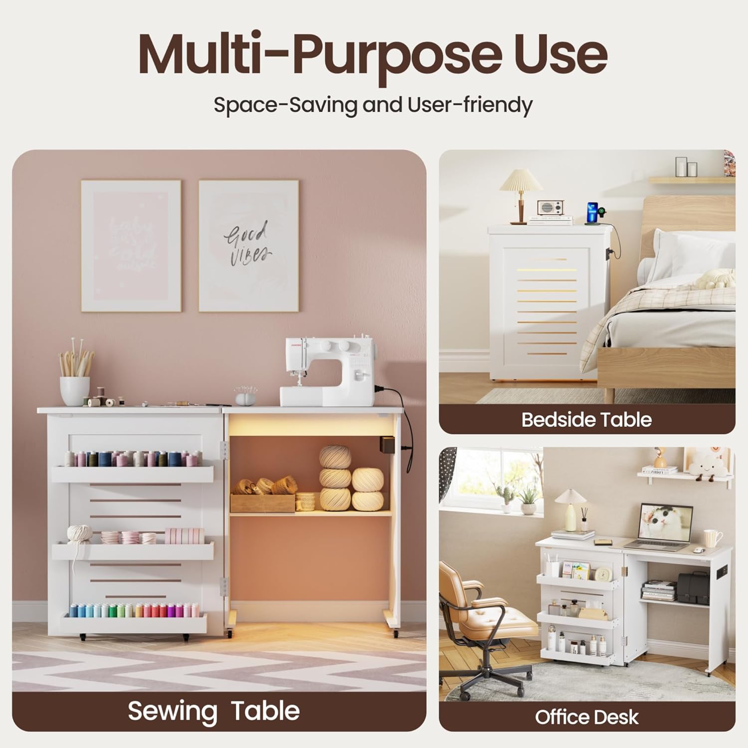 HNEBC Smart Folding Sewing Table - with LED Lights & Motion Sensor, Craft Table with 2 AC Outlets & USB Ports, Compact Sewing Machine Desk with Storage Shelves and 6 Wheels for Home(White)