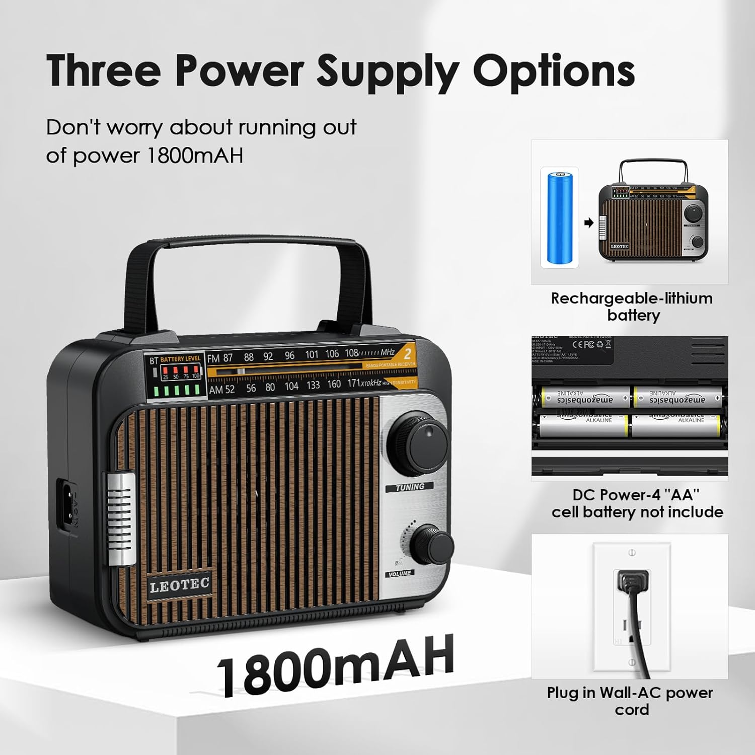 Diagram illustrating the three power options for the LEOTEC radio: rechargeable lithium battery, 4 AA cell batteries, and AC wall power cord.