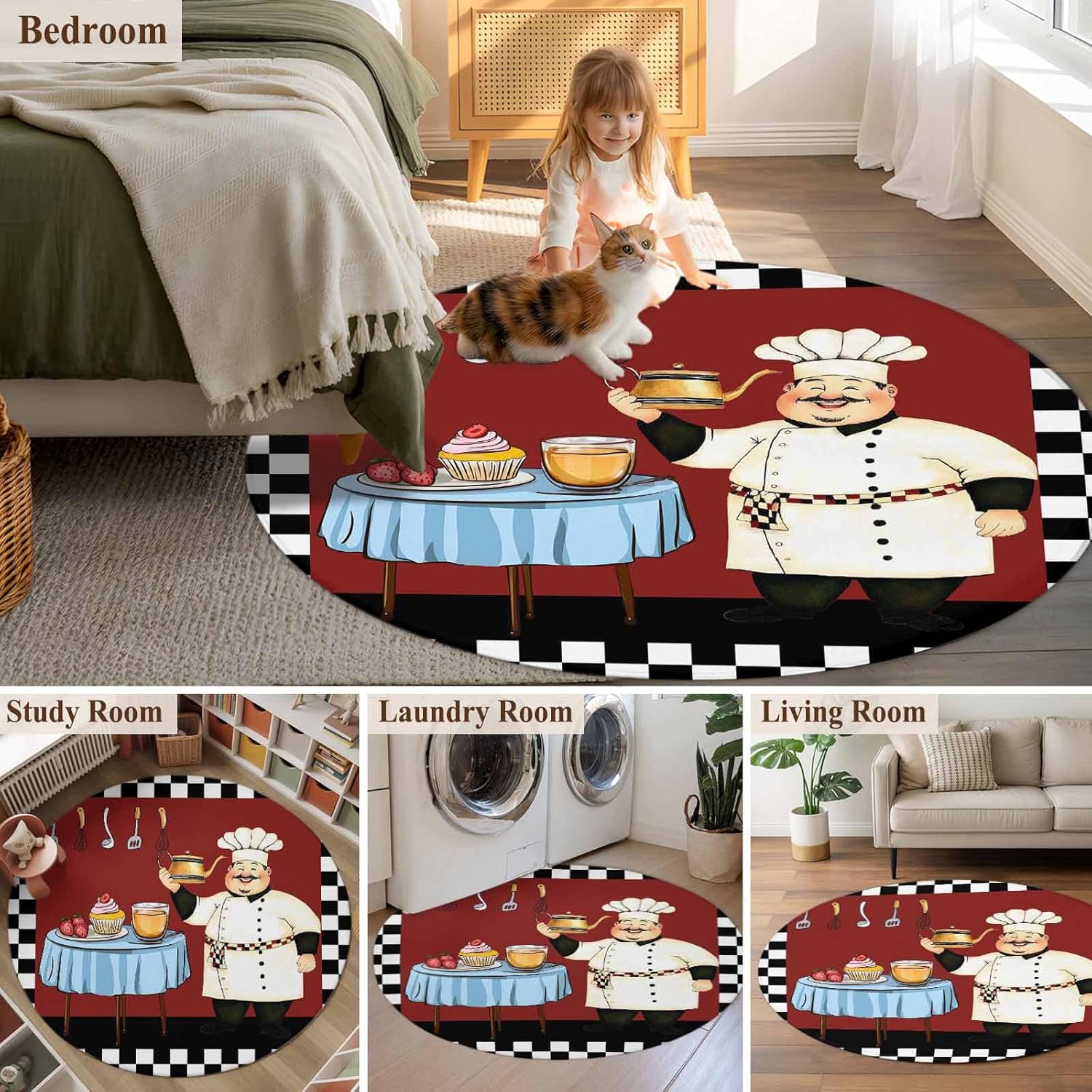 Kitchen Coke Coffee Chefs Round Area Rugs Collection 3', Rustic Black and White Buffalo Plaid Indoor Circular Throw Runner Rug Floor Mat Carpet for Living Room Dining Table Bedroom Nursery Decor